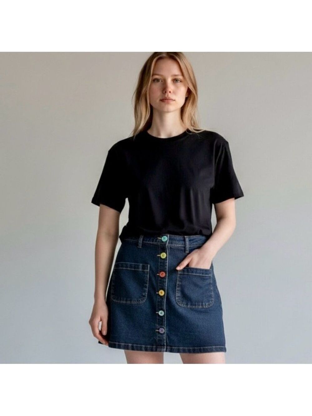 Bright and Beautiful Multi Colored Front Button Denim Mini Skirt